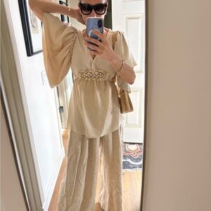 Gold Hawk 100% Silk Champagne Angel Wing Sleeve Boho Luxury Romantic Blouse Sz M